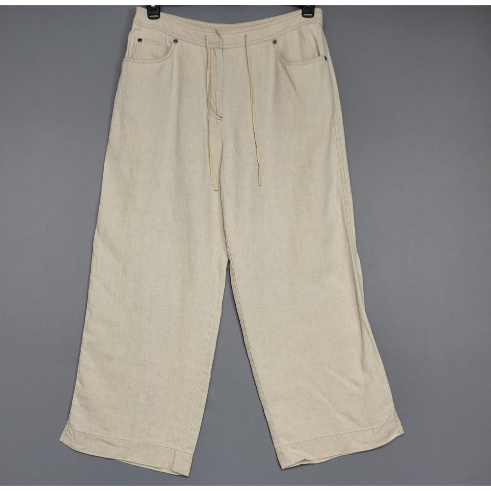 J.Jill Brown 100% Linen Wide Leg Crop Pants Womens 10 Classic Minimalist Coastal